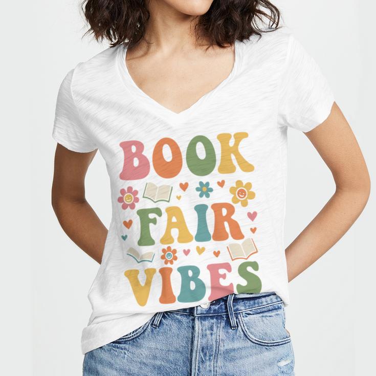 Book Fair Vibes Groovy Retro School Reading Nostalgic Women's Jersey Short Sleeve Deep V-Neck Tshirt