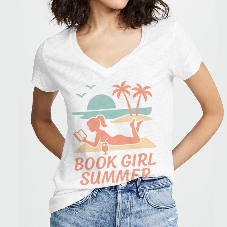 Book Girl Summer Book Reading Retro Sunset Women's Jersey Short Sleeve Deep V-Neck Tshirt