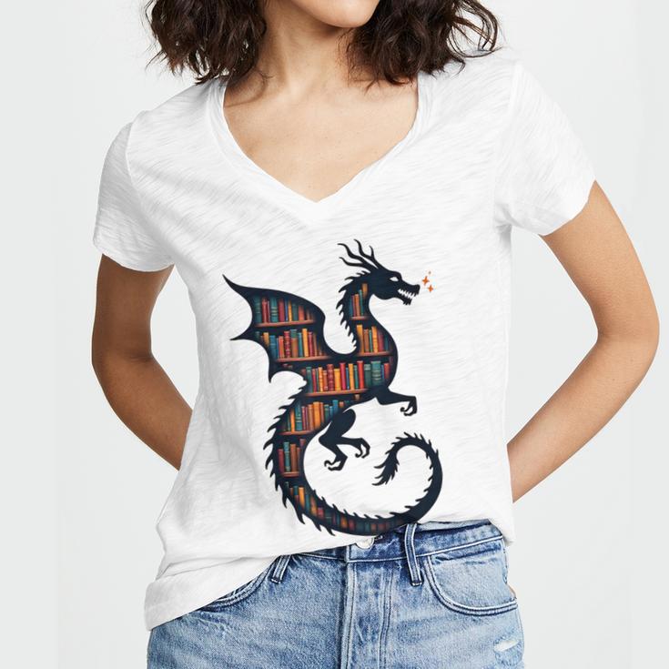 Book Lover Bookworm Reading Books Dragon Women's Jersey Short Sleeve Deep V-Neck Tshirt