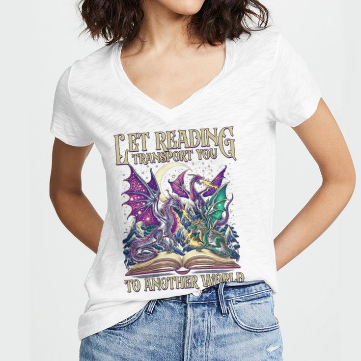 Book Lover Dragon Reading Transport You To Another World Women's Jersey Short Sleeve Deep V-Neck Tshirt Book Lover Dragon Reading Transport You To Another World Women's Jersey Short Sleeve Deep V-Neck Tshirt