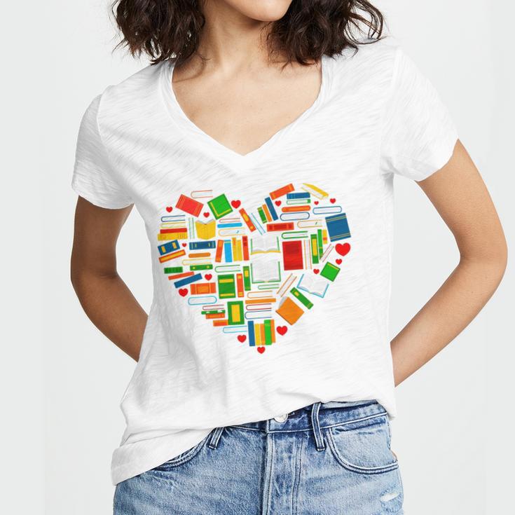 Book Lover Librarian Books Heart Valentine Women's Jersey Short Sleeve Deep V-Neck Tshirt