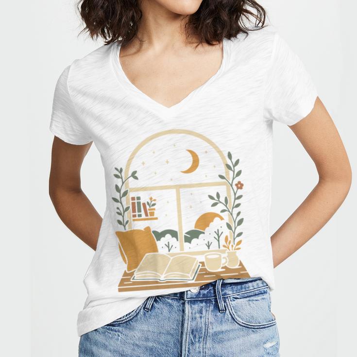 Book Lover Moonlight Reading Scene Night Women's Jersey Short Sleeve Deep V-Neck Tshirt Book Lover Moonlight Reading Scene Night Women's Jersey Short Sleeve Deep V-Neck Tshirt