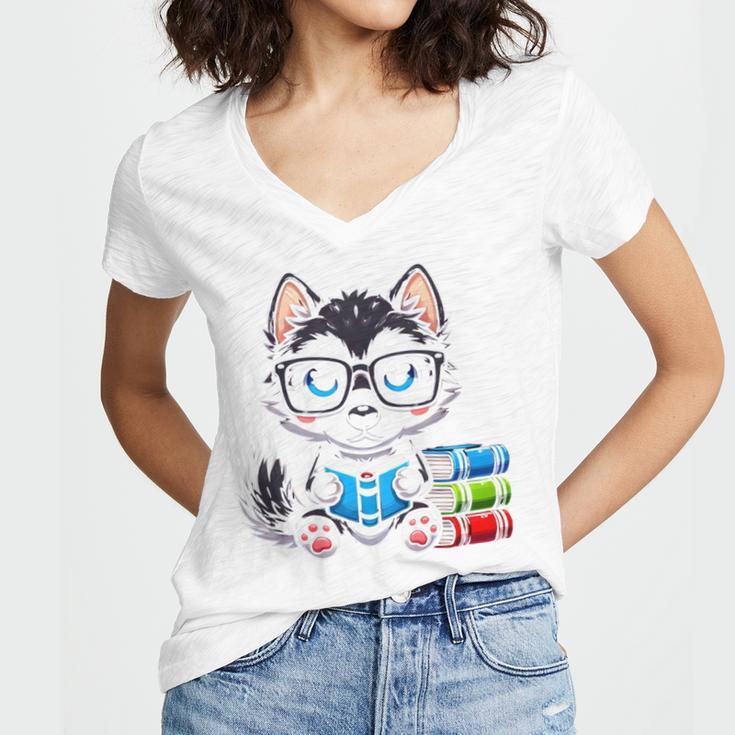 Book Lover Reading Husky Dog Women's Jersey Short Sleeve Deep V-Neck Tshirt