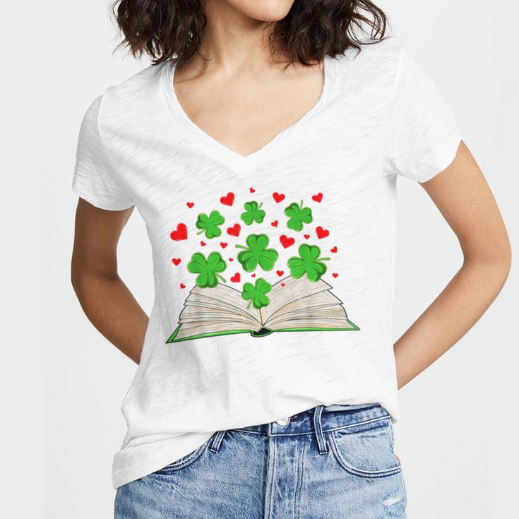 Book With Shamrocks Librarian Saint Patrick's Day Kids Women's Jersey Short Sleeve Deep V-Neck Tshirt