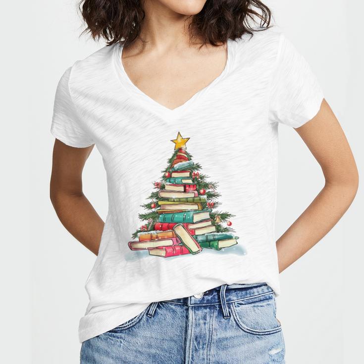 All Booked For Christmas Book Christmas Tree Lights Xmas Women's Jersey Short Sleeve Deep V-Neck Tshirt