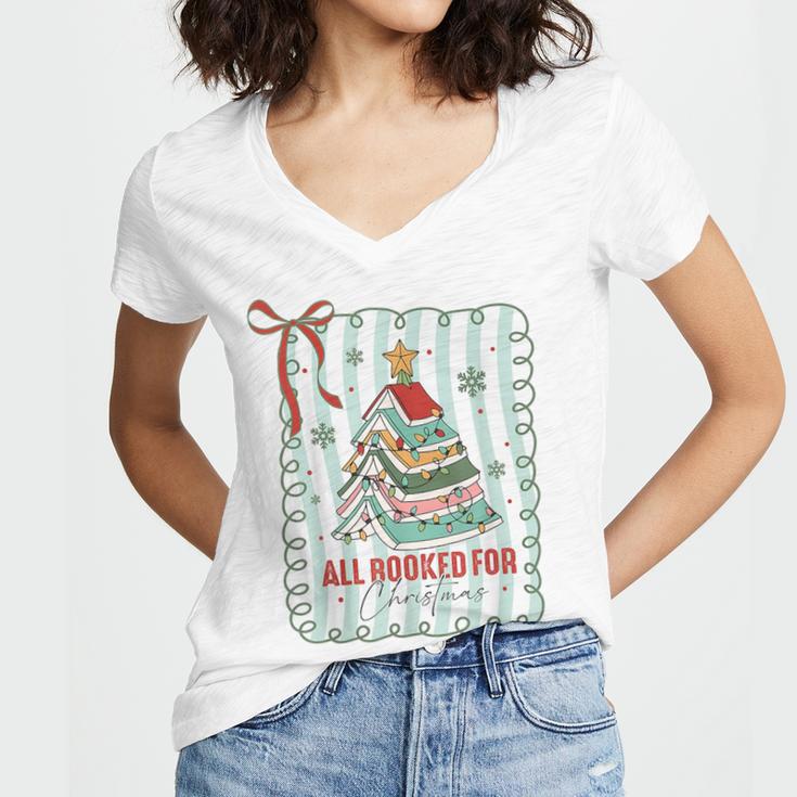All Booked For Christmas Book Xmas Tree Coquette Bow Lights Women's Jersey Short Sleeve Deep V-Neck Tshirt