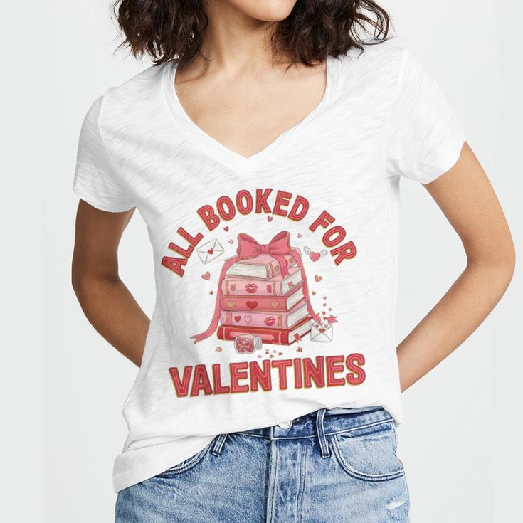 All Booked For Valentines Bow Heart Book Lover Valentine Day Women's Jersey Short Sleeve Deep V-Neck Tshirt