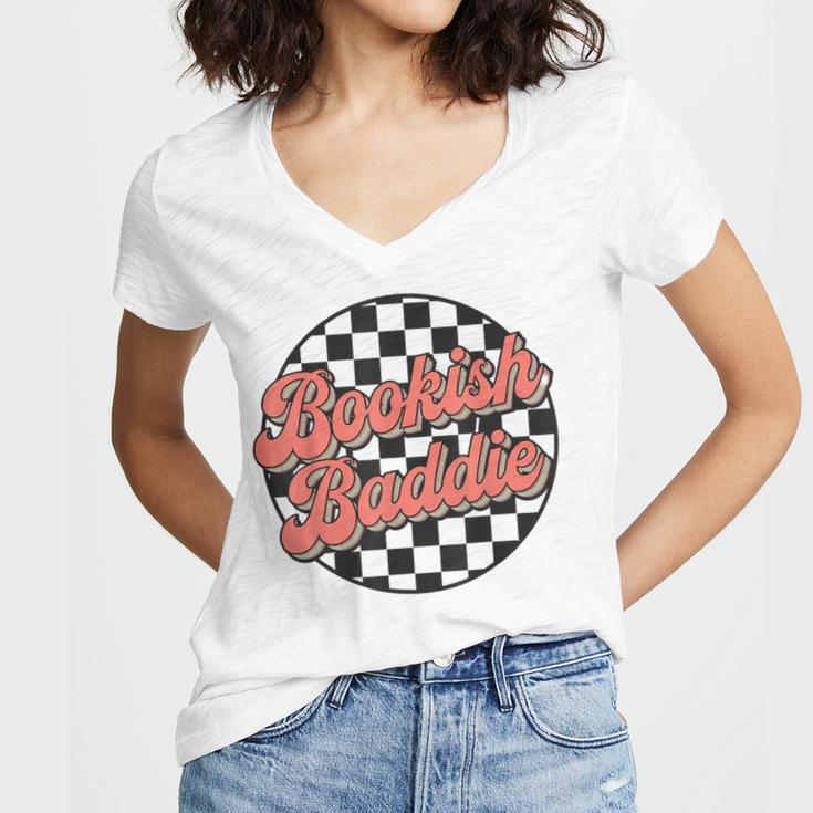 Bookish Baddie Retro Aesthetic Typography Women's Jersey Short Sleeve Deep V-Neck Tshirt