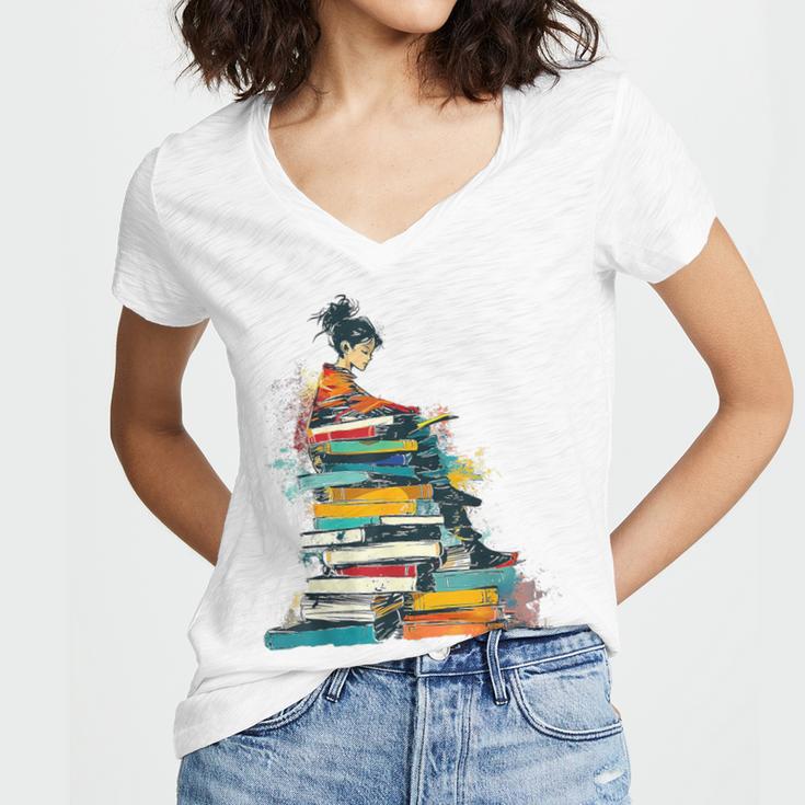 Books Abstract Artist Women Art Painting Books Women's Jersey Short Sleeve Deep V-Neck Tshirt