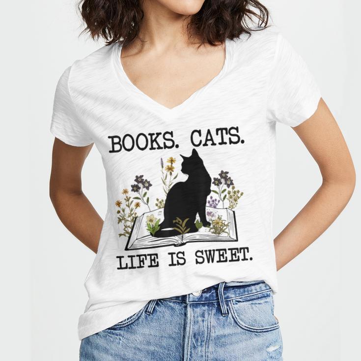 Books Cats Life Is Sweet Cat Book Lover Men Women Teen Women's Jersey Short Sleeve Deep V-Neck Tshirt Books Cats Life Is Sweet Cat Book Lover Men Women Teen Women's Jersey Short Sleeve Deep V-Neck Tshirt