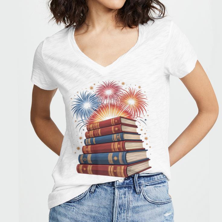 Books Fireworks 4th Of July Bookworm Patriotic Reader Women's Jersey Short Sleeve Deep V-Neck Tshirt
