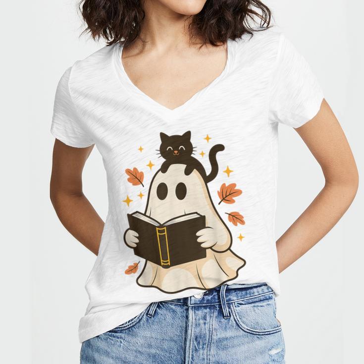 Books Ghost Reading Book Halloween Library Cat Fall Women's Jersey Short Sleeve Deep V-Neck Tshirt