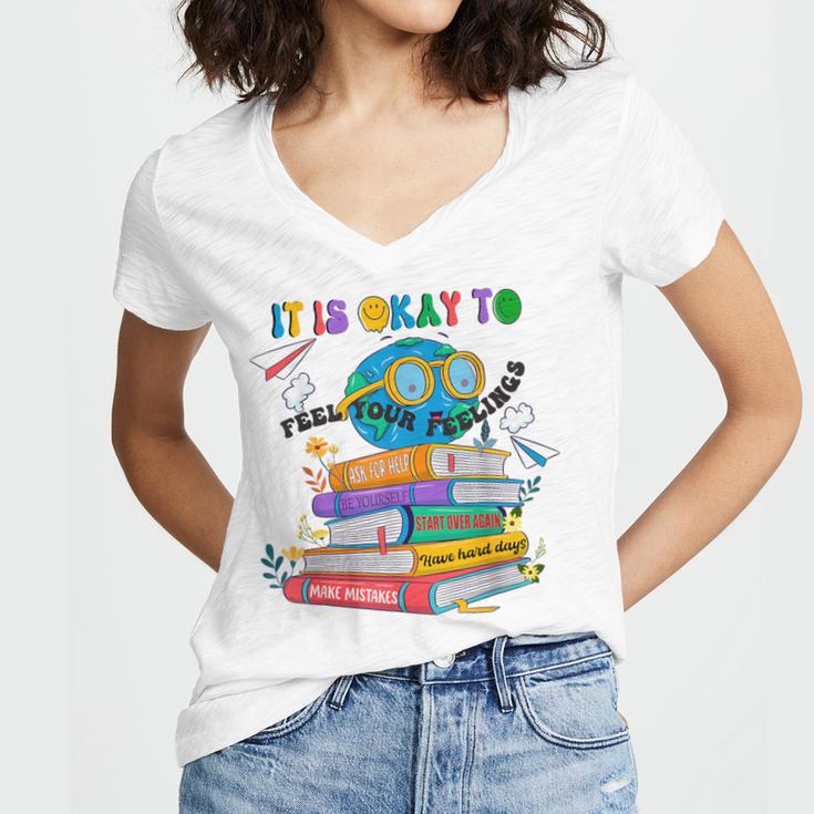 Books It's Okay To Be Kind Yellow Mental Health Day Kids Women's Jersey Short Sleeve Deep V-Neck Tshirt