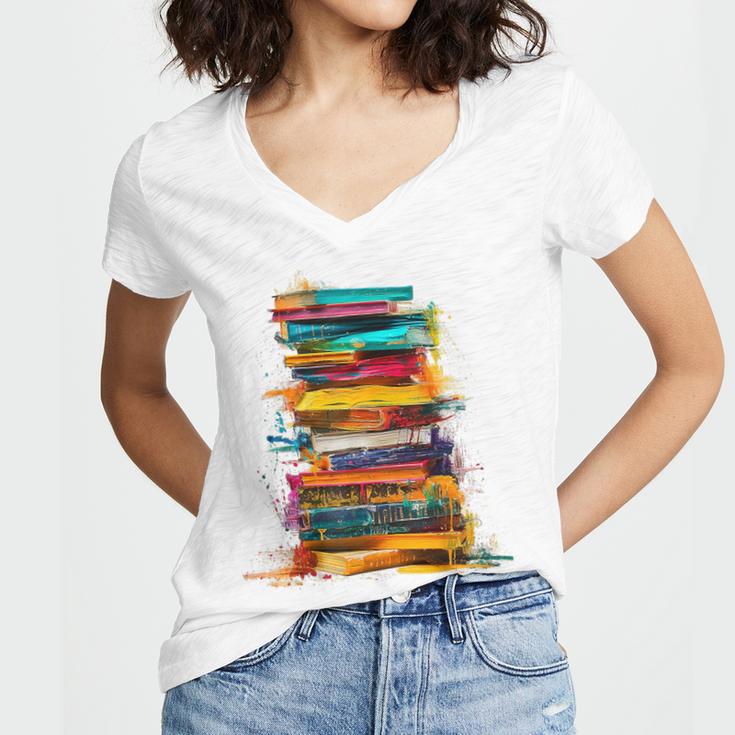 Books Painting Colorful Art Abstract Graphic Books Women's Jersey Short Sleeve Deep V-Neck Tshirt