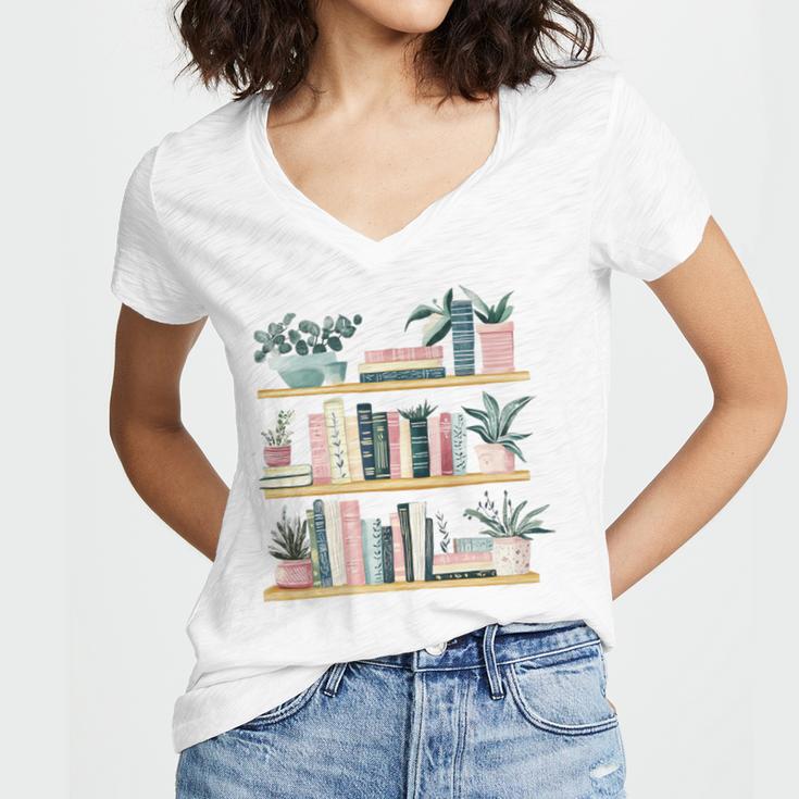 Bookshelves With Books & Plants Premium Women's Jersey Short Sleeve Deep V-Neck Tshirt