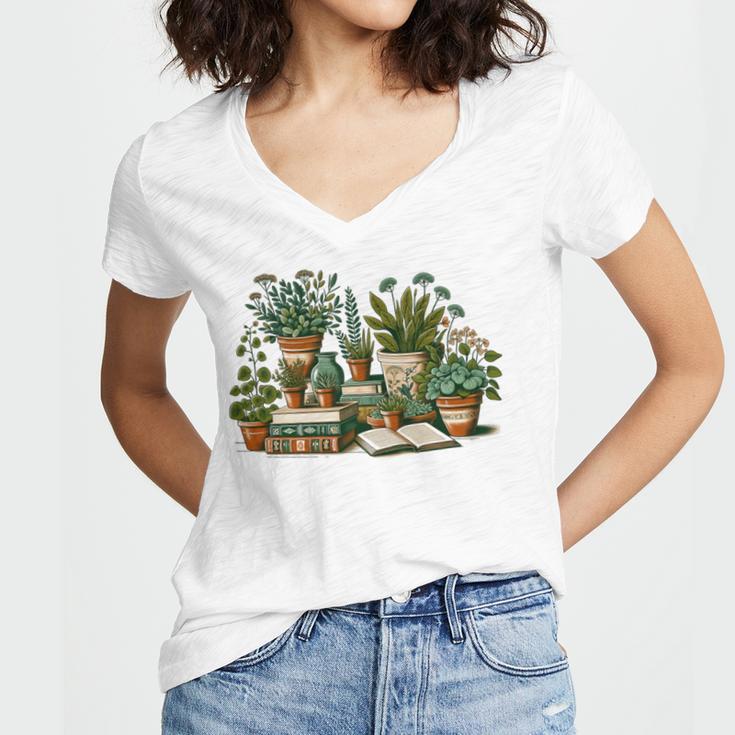 Botanical Garden Plants With Books Women's Jersey Short Sleeve Deep V-Neck Tshirt