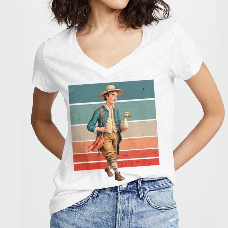 Boy Goose Vintage Rural Pastoral Charm Nostalgia Simple Life Women's Jersey Short Sleeve Deep V-Neck Tshirt
