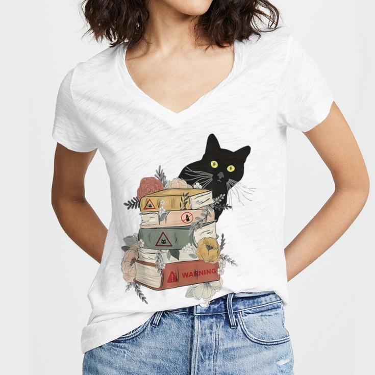 Cat And Books Flowers Reading Club Cat Lover Bookworm Women's Jersey Short Sleeve Deep V-Neck Tshirt Cat And Books Flowers Reading Club Cat Lover Bookworm Women's Jersey Short Sleeve Deep V-Neck Tshirt