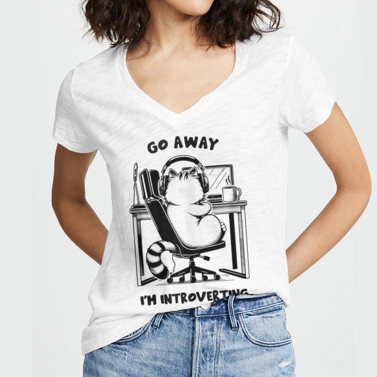 Cat With Coffee On Computer Go Away I'm Introverting Women's Jersey Short Sleeve Deep V-Neck Tshirt