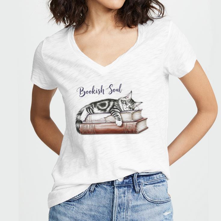 Cat Life Books And Cats Cat Lover Cat Mom Book Lovers Women's Jersey Short Sleeve Deep V-Neck Tshirt