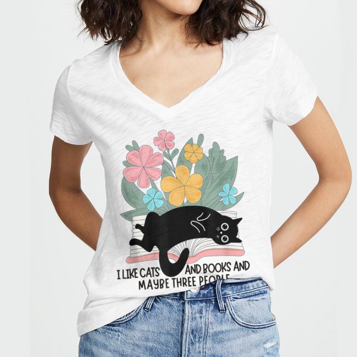 Cat Meme I Like Cats And Books And Maybe Three People Women's Jersey Short Sleeve Deep V-Neck Tshirt Cat Meme I Like Cats And Books And Maybe Three People Women's Jersey Short Sleeve Deep V-Neck Tshirt