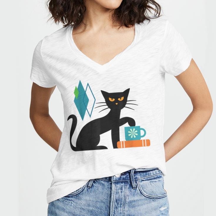Cat Midcentury With Book And Coffee Atomic Age Mid Century Women's Jersey Short Sleeve Deep V-Neck Tshirt