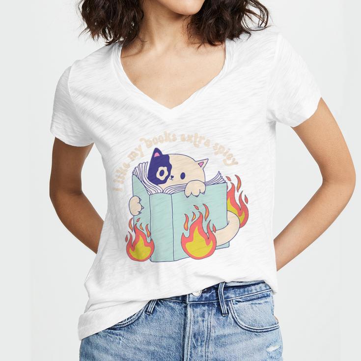 Cat Reading a Romance BookI Like My Books Extra Spicy Women's Jersey Short Sleeve Deep V-Neck Tshirt