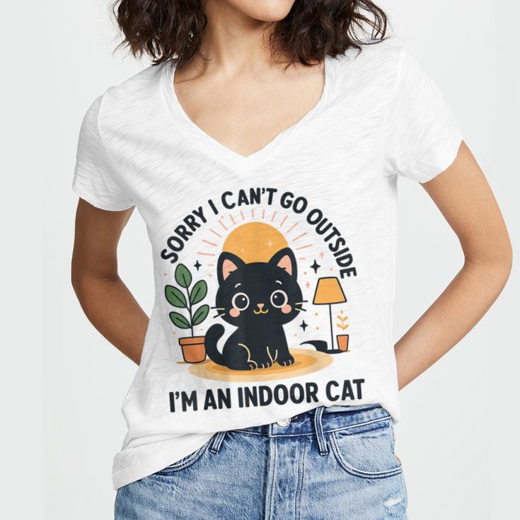 Cat Shirt Introvert Sorry I Can’t Go I’m An Indoor Cat Women's Jersey Short Sleeve Deep V-Neck Tshirt
