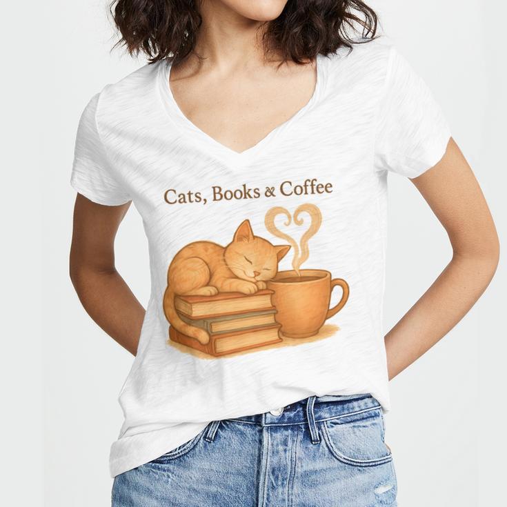 Cats Books And Coffee Heart Cozy Cat Lover Bookworm Readers Women's Jersey Short Sleeve Deep V-Neck Tshirt