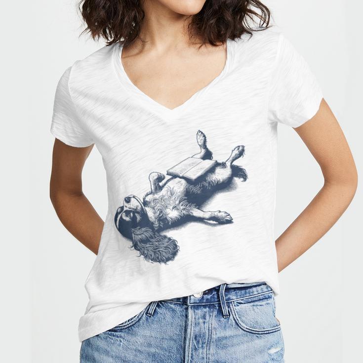 Cavalier King Charles Spaniel Book Nap Vintage Dog Mom Dad Women's Jersey Short Sleeve Deep V-Neck Tshirt