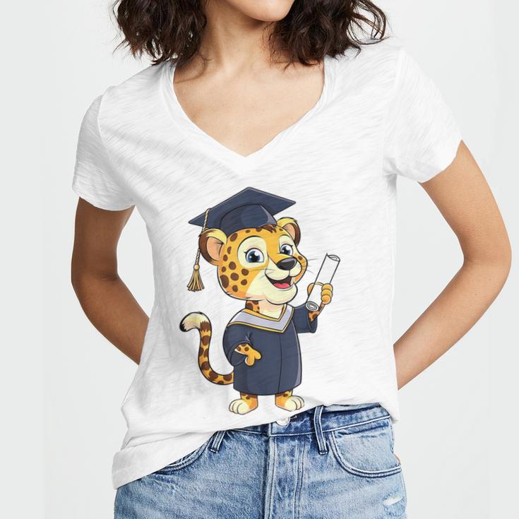 Cheetah Graduation Cute Kindergarten Elementary High School Women's Jersey Short Sleeve Deep V-Neck Tshirt