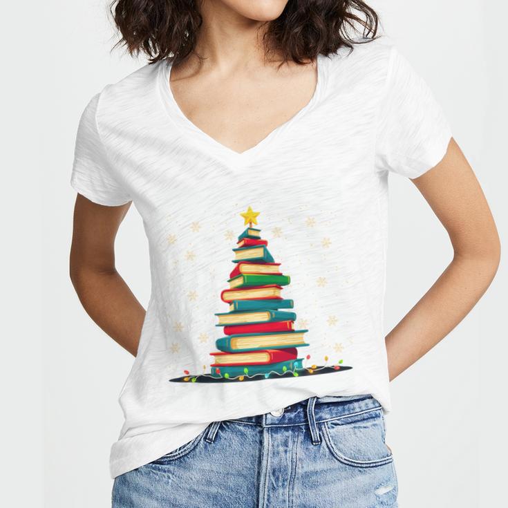Christmas Tree Of Books Holiday Women's Jersey Short Sleeve Deep V-Neck Tshirt