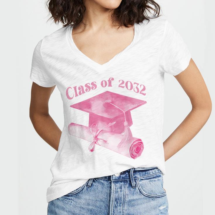 Class Of 2032 Senior 2032 Back To School 2032 Graduation Cap Women's Jersey Short Sleeve Deep V-Neck Tshirt