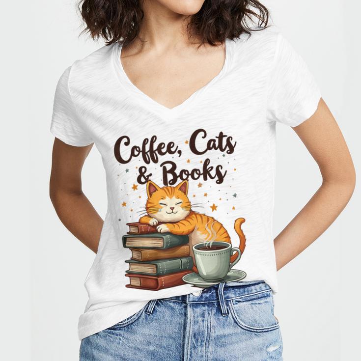 Coffee Cats And Books Lover For Women & Girls Coffee Women's Jersey Short Sleeve Deep V-Neck Tshirt Coffee Cats And Books Lover For Women & Girls Coffee Women's Jersey Short Sleeve Deep V-Neck Tshirt