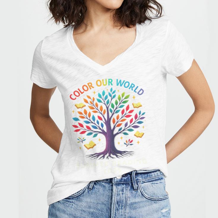 Color Our World Summer Reading Program 2025 Trippy Book Tree Women's Jersey Short Sleeve Deep V-Neck Tshirt