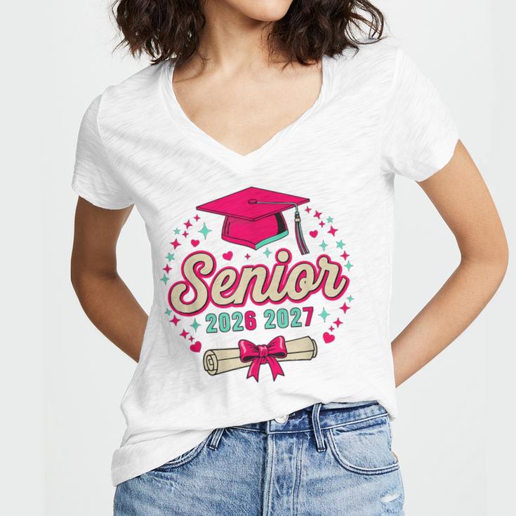 Coquette Pink Bow Senior 2026 2027 Graduation Women's Jersey Short Sleeve Deep V-Neck Tshirt