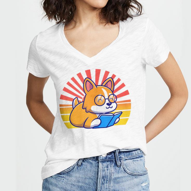 Corgi Dog Reading Book Book Lover Dog Lover Women's Jersey Short Sleeve Deep V-Neck Tshirt