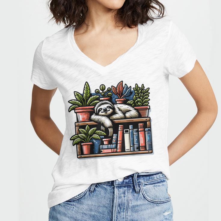 Cosy Sloth In Bookshelf With Plants Women's Jersey Short Sleeve Deep V-Neck Tshirt