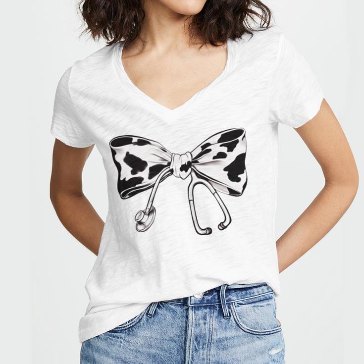 Cow Print Bow And Stethoscope Nurse RN Graduation Coquette Women's Jersey Short Sleeve Deep V-Neck Tshirt