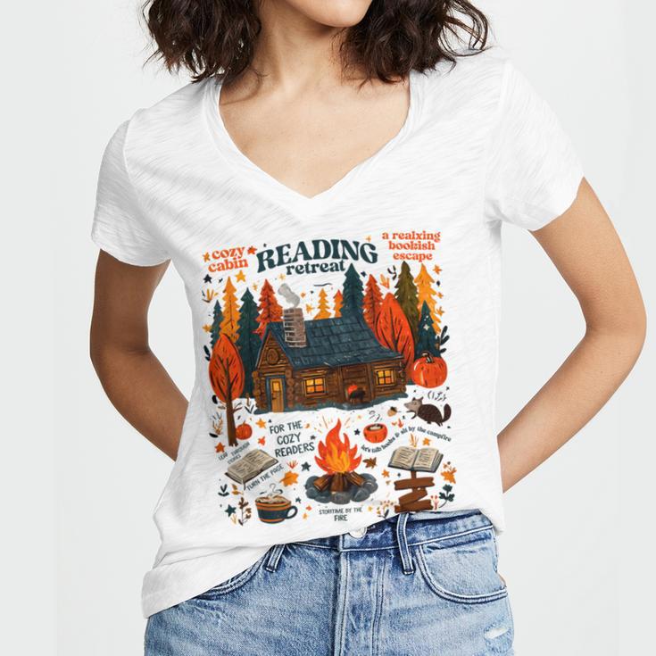 Cozy Reading Cabin Retreat Fall Bookish Autumn Cozy Reader Women's Jersey Short Sleeve Deep V-Neck Tshirt