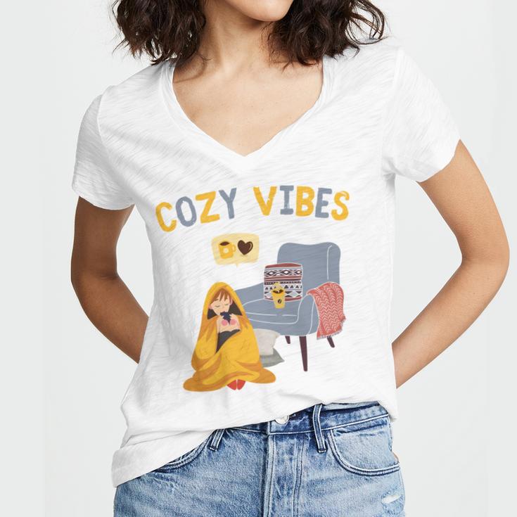 Cozy Vibes Atmospheric Introvert Women's Jersey Short Sleeve Deep V-Neck Tshirt