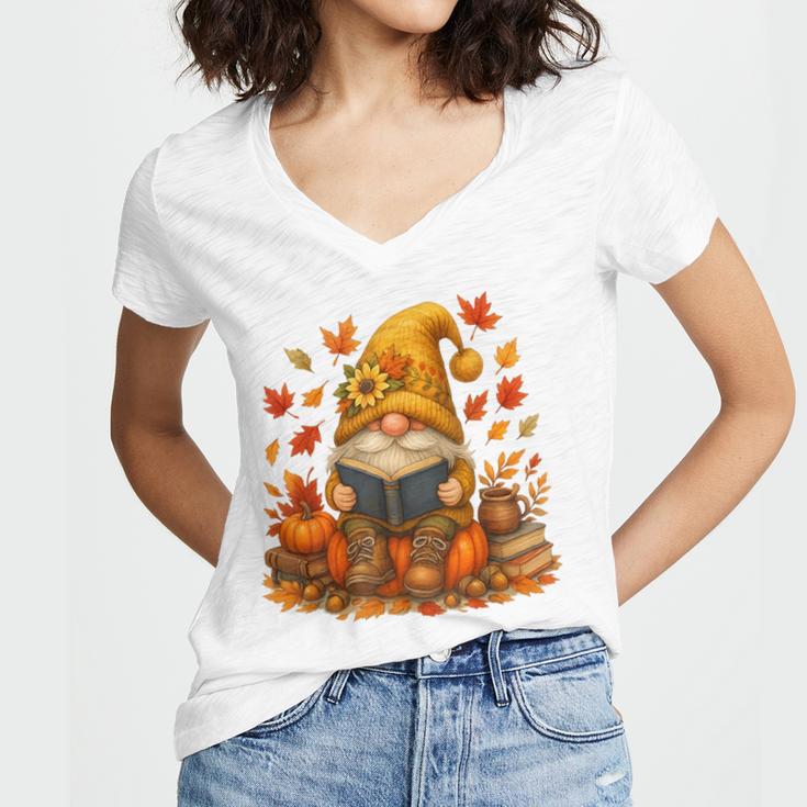 Cute Autumn Gnome Reading Pumpkin Book Lover Women's Jersey Short Sleeve Deep V-Neck Tshirt Cute Autumn Gnome Reading Pumpkin Book Lover Women's Jersey Short Sleeve Deep V-Neck Tshirt