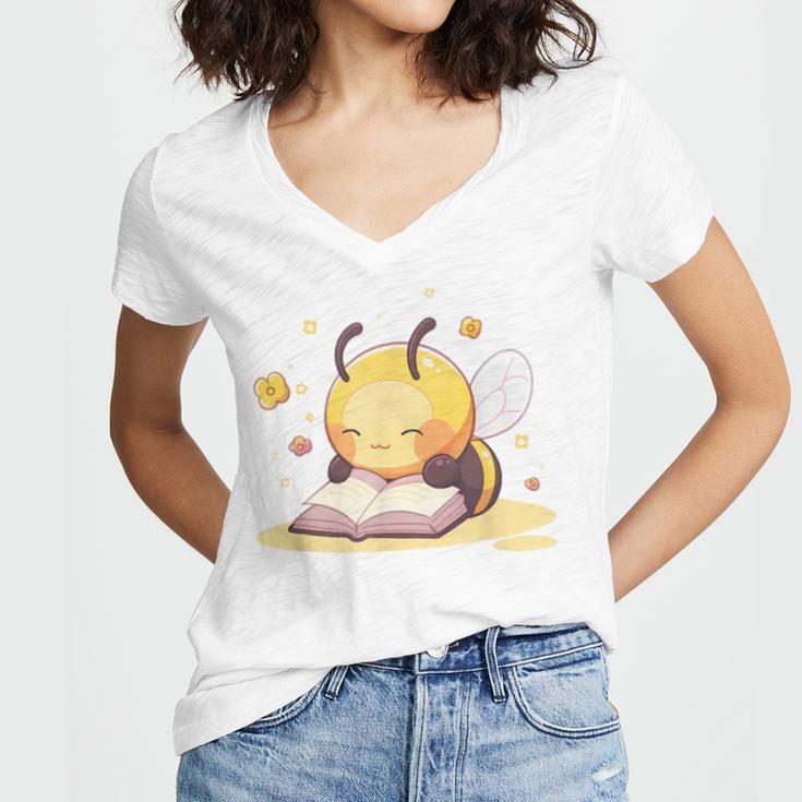 Cute Bee Reading Book Teacher Student Reader Graphic For Men Women Kids Women's Jersey Short Sleeve Deep V-Neck Tshirt