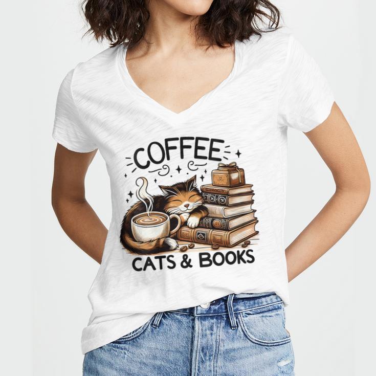 Cute Coffee Cats Books Lover Idea Women Men Kids Women's Jersey Short Sleeve Deep V-Neck Tshirt Cute Coffee Cats Books Lover Idea Women Men Kids Women's Jersey Short Sleeve Deep V-Neck Tshirt