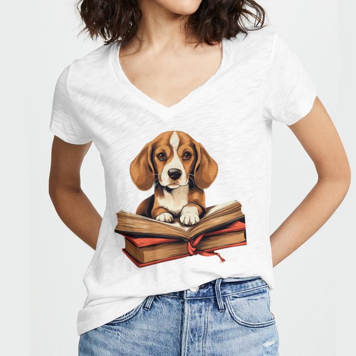 Cute Dog Beagle Reading Book Women's Jersey Short Sleeve Deep V-Neck Tshirt