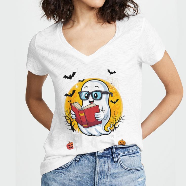 Cute Ghost Reading Book Retro Halloween Librarian Women's Jersey Short Sleeve Deep V-Neck Tshirt Cute Ghost Reading Book Retro Halloween Librarian Women's Jersey Short Sleeve Deep V-Neck Tshirt