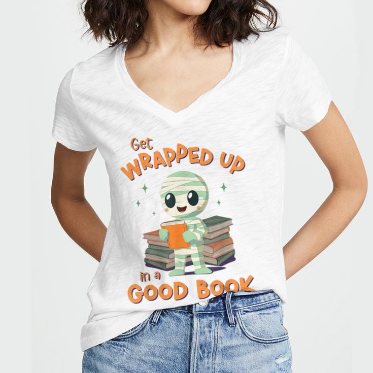Cute Halloween Teacher Librarian Mummy Reading Books Women's Jersey Short Sleeve Deep V-Neck Tshirt