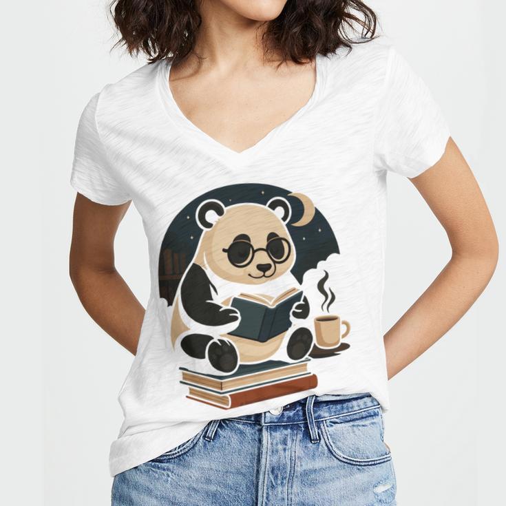 Cute Panda Reading Book Under Moon Bookworm Coffee Lover Women's Jersey Short Sleeve Deep V-Neck Tshirt Cute Panda Reading Book Under Moon Bookworm Coffee Lover Women's Jersey Short Sleeve Deep V-Neck Tshirt