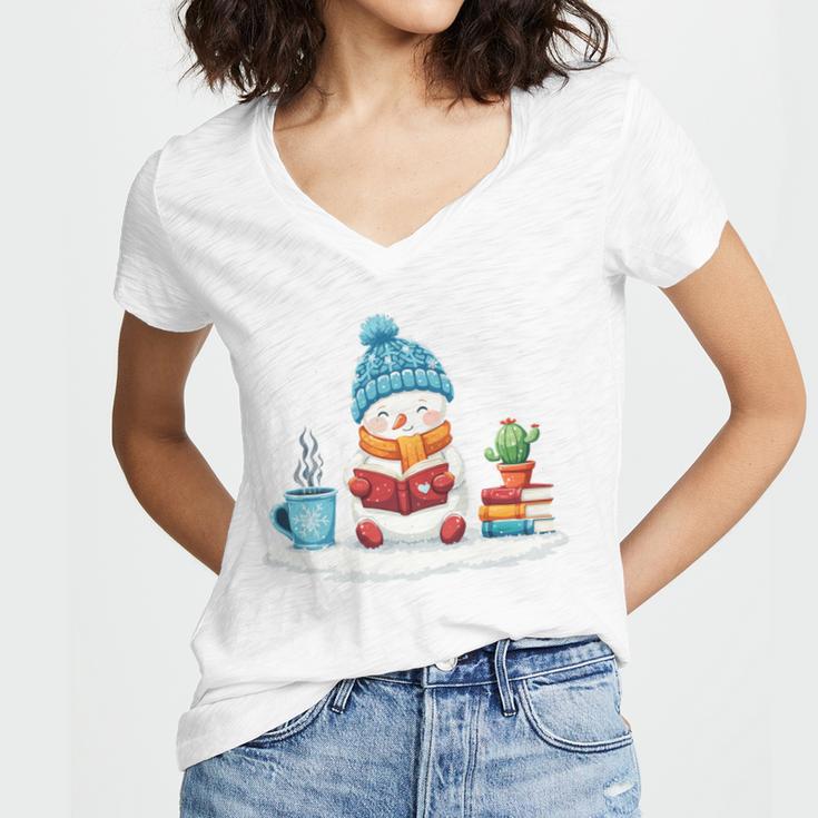 Cute Winter Cozy Snowman Reading Book Lovers Xmas Snowman Women's Jersey Short Sleeve Deep V-Neck Tshirt Cute Winter Cozy Snowman Reading Book Lovers Xmas Snowman Women's Jersey Short Sleeve Deep V-Neck Tshirt