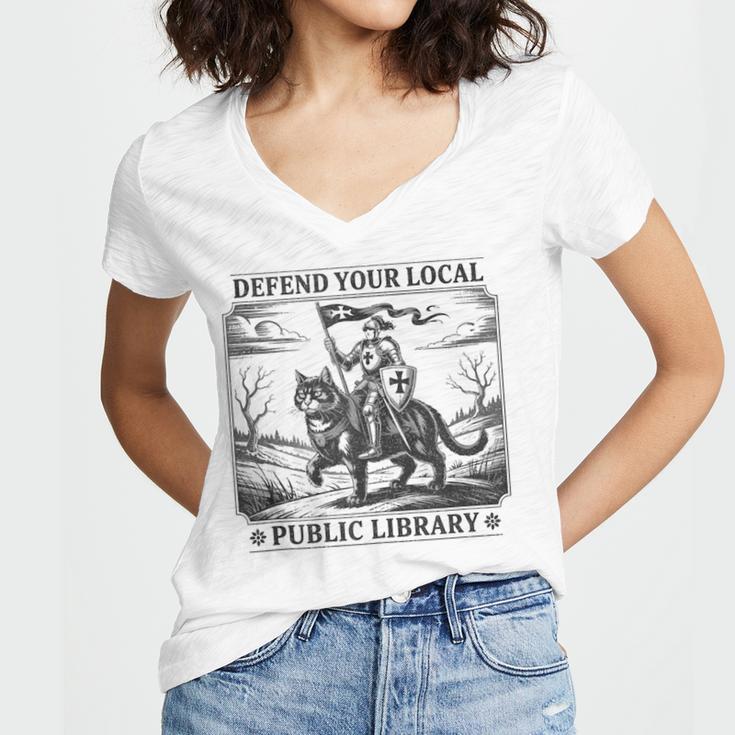 Defend Your Local Public Library Cat Knight Book Lover Women's Jersey Short Sleeve Deep V-Neck Tshirt